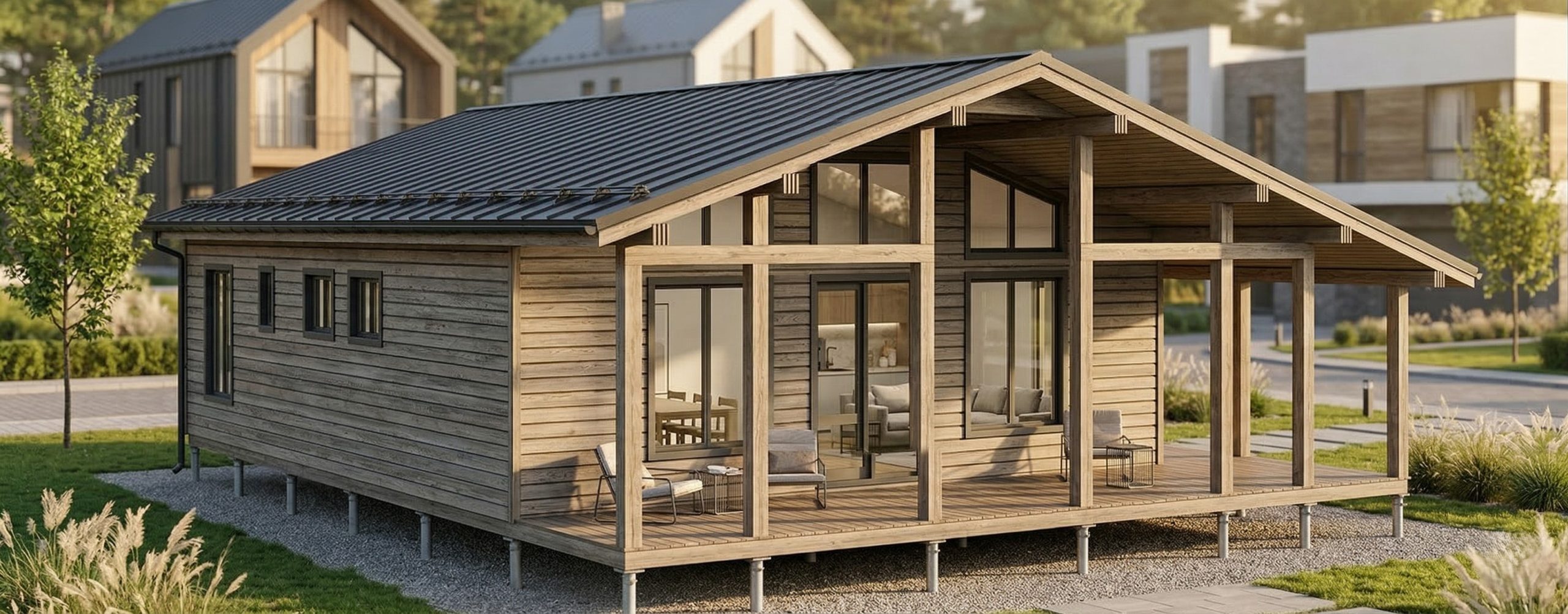 Каркасный дом в стиле Барнхаус Баркас-166 вид слева