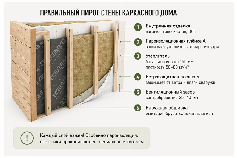 правильный пирог стены каркасного дома