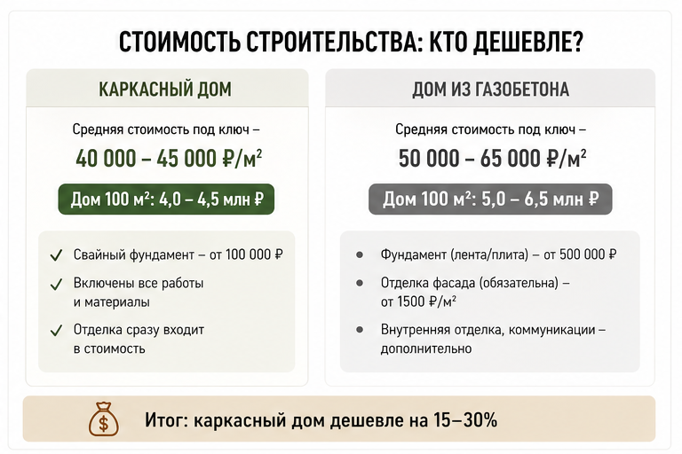 таблица сравнение стоимости каркасного дома и дома из газобетона