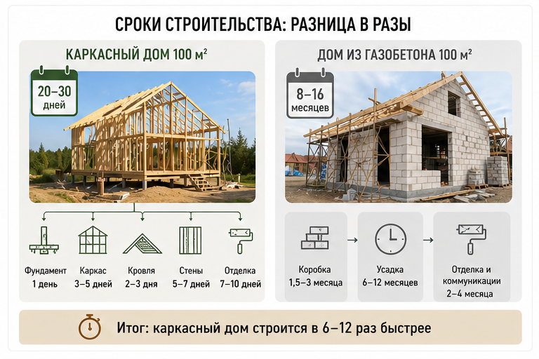 сроки строительства каркасного дома и дома из газобетона