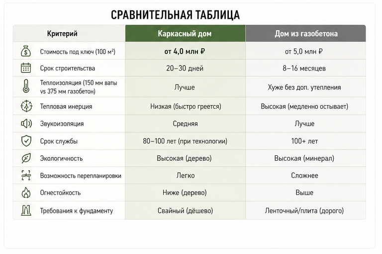 сравнительная таблица каркасного дома и дома из газобетона