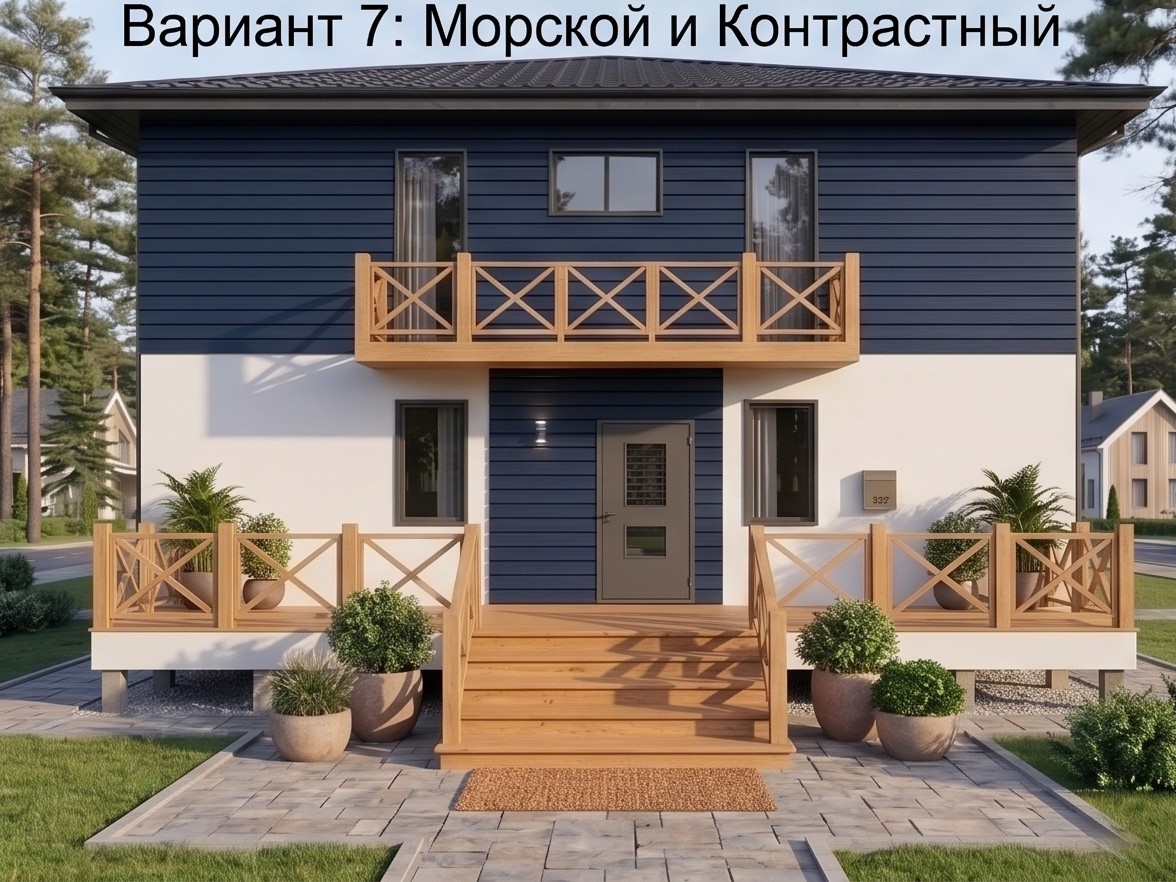 каркасный дом Баркас-195 окрас фасада морской и контрастный