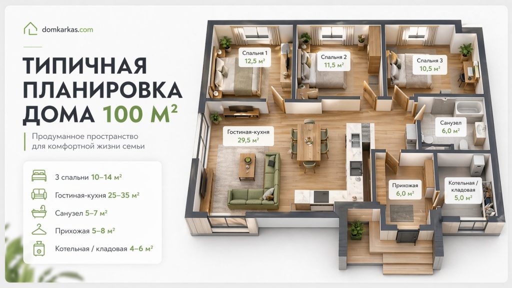 типичная планировка каркасного дома 100 квадратных метров