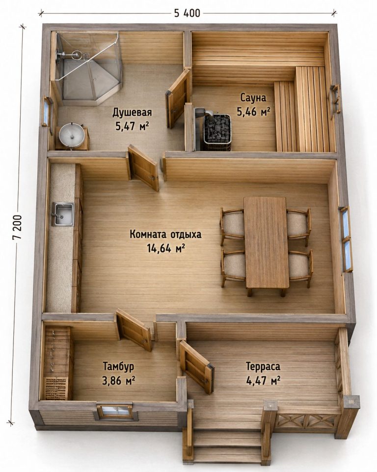 каркасная баня Баркасик-33 планировка 3D