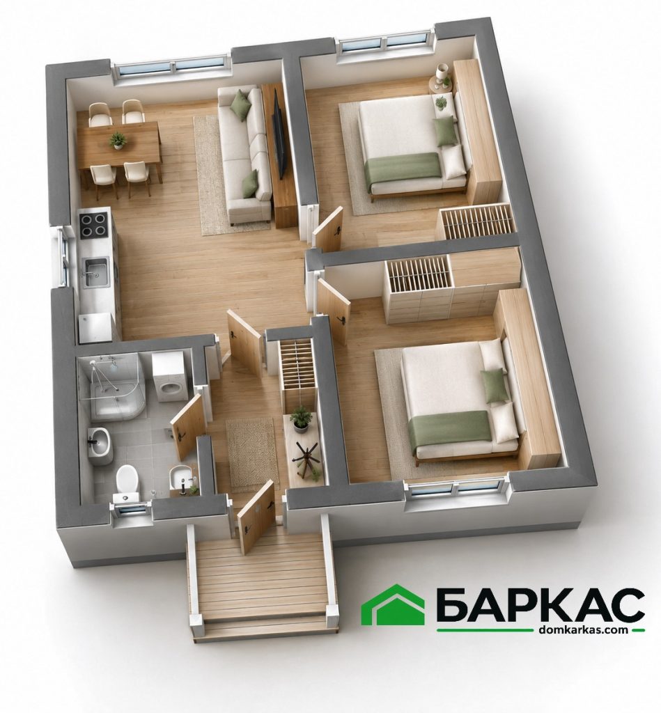 Каркасный дом Баркас-49 планировка 3D