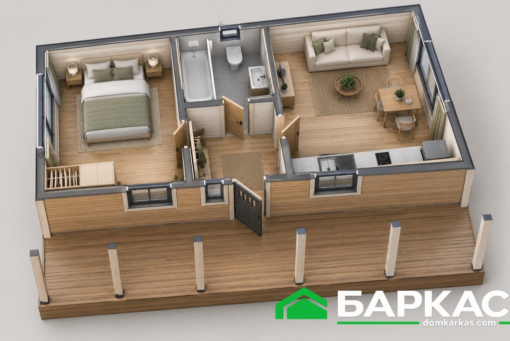 Каркасный дом Баркас-50 планировка 3D