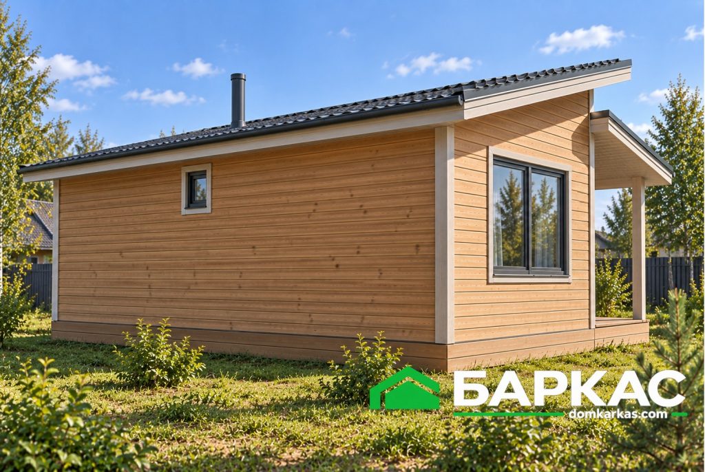 Третий ракурс Баркас-50 вид сзади справа. На задней стене одно небольшое окно санузла, на правом торце — широкое двухсекционное окно